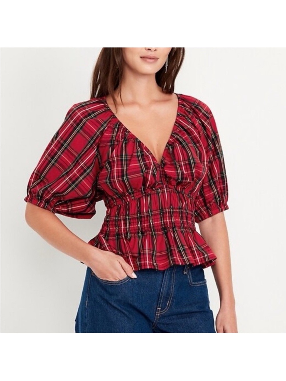 Old Navy Women's Red Tartan Plaid V-Neck Peplum Top Size Large NWT